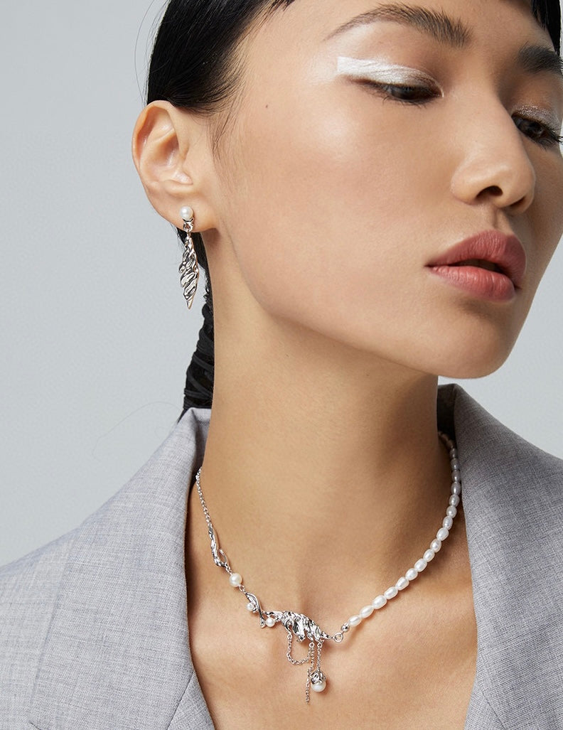 Feather Shape Sterling Silver with Akoya Pearl Earrings | Mix Mix Style [Hot Seller]-Mix MIx Style