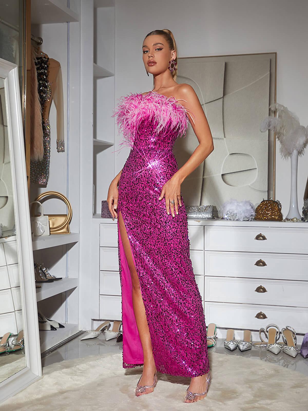 Pink Off Shoulder Sequin Maxi Dress | Mix Mix Style [Hot Seller]-Mix MIx Style