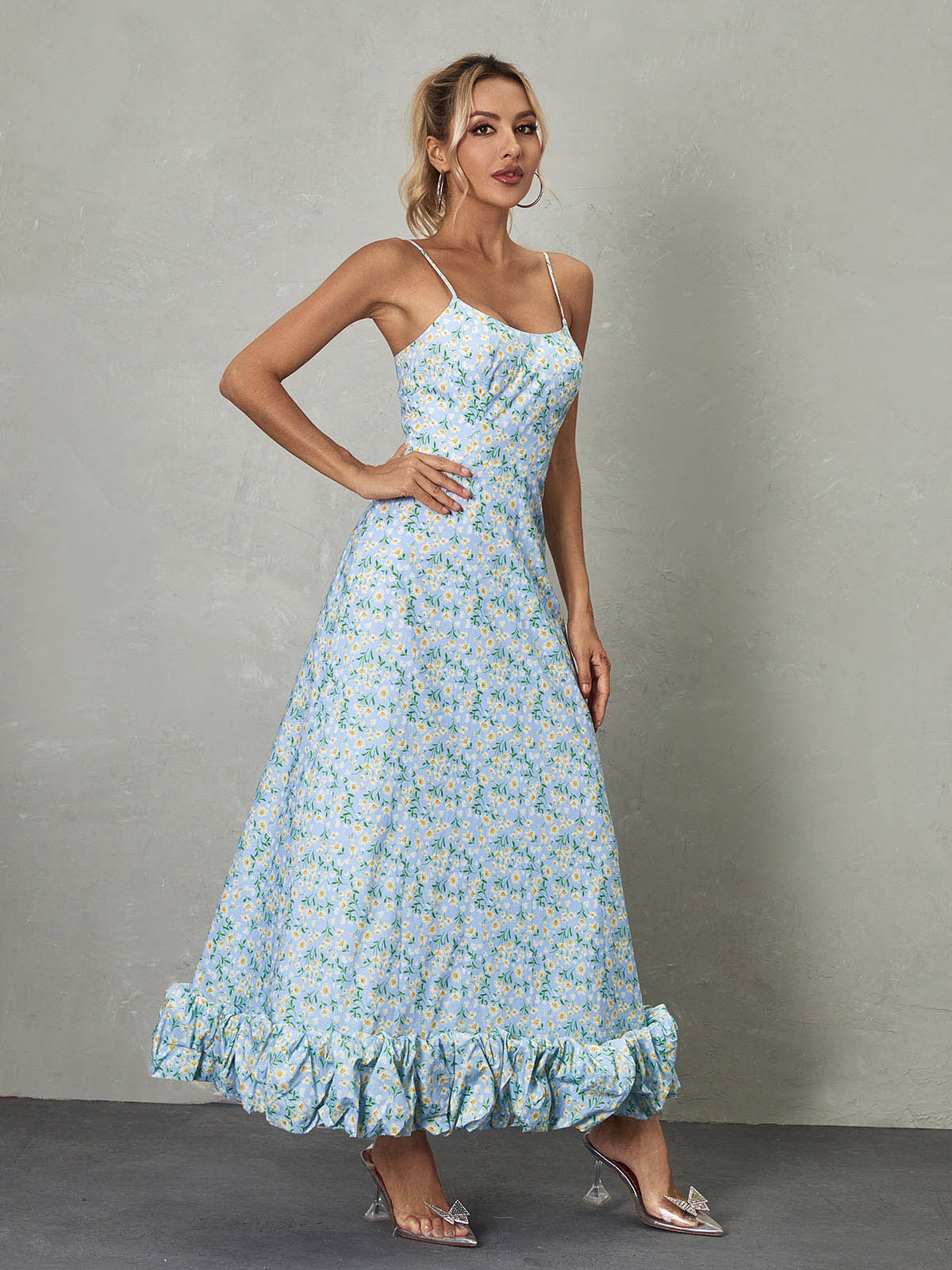 Spaghetti Floral Maxi Dress In Blue | Mix Mix Style [Hot Seller]-Mix MIx Style