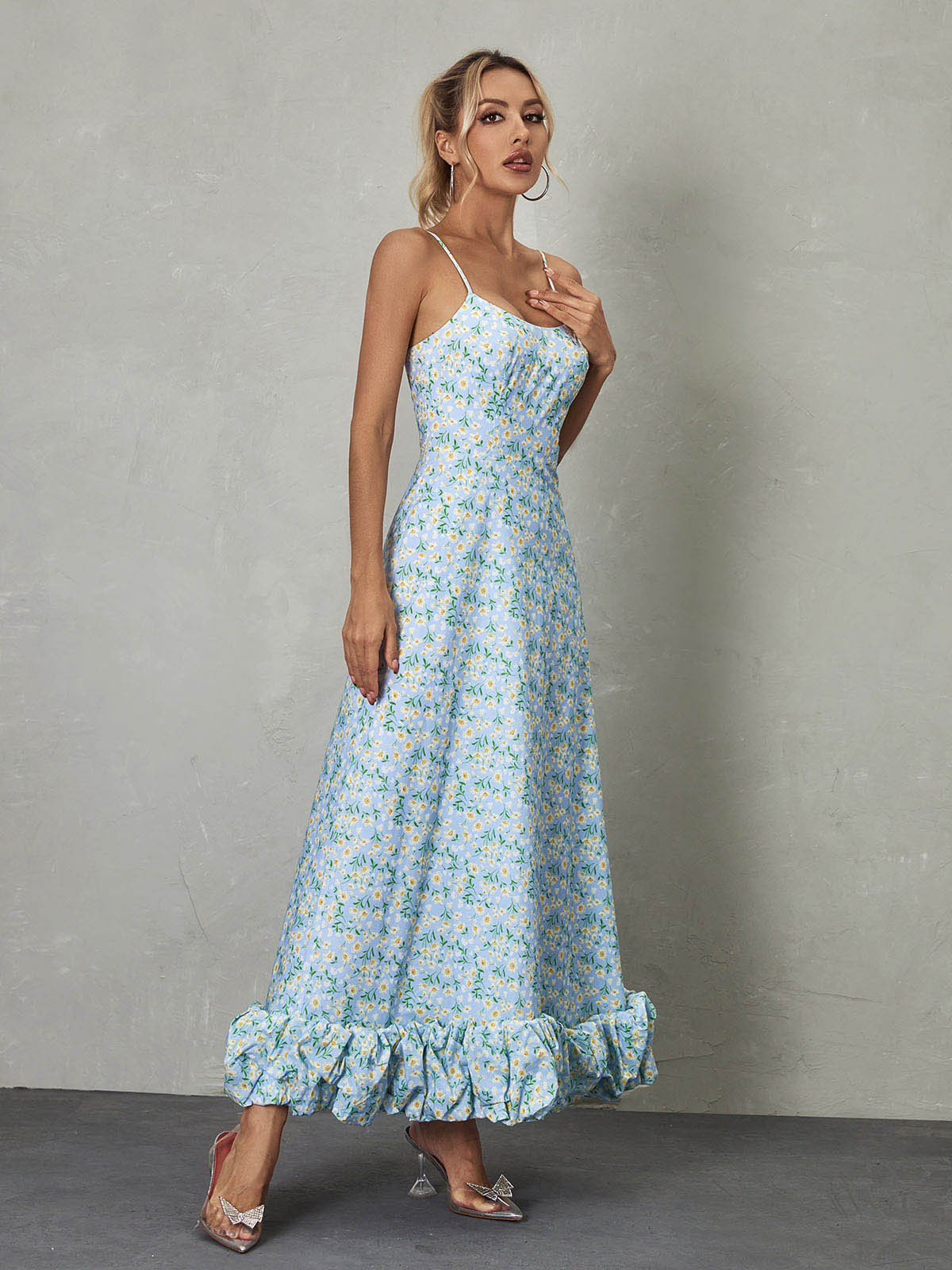 Spaghetti Floral Maxi Dress In Blue | Mix Mix Style [Hot Seller]-Mix MIx Style