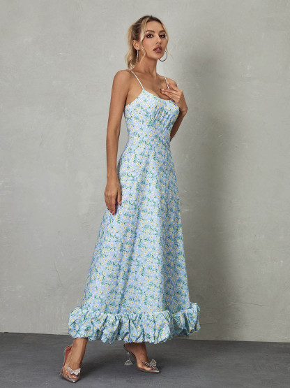 Spaghetti Floral Maxi Dress In Blue | Mix Mix Style [Hot Seller]-Mix MIx Style