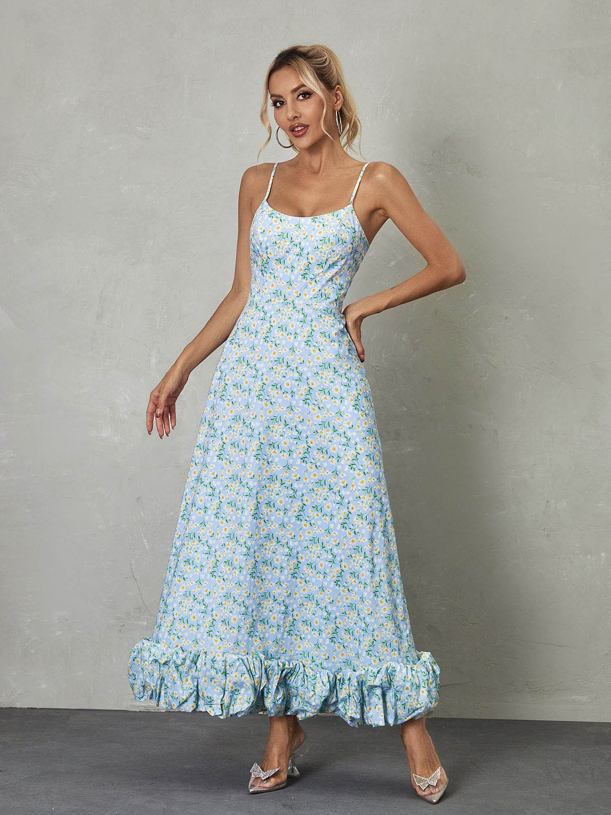 Spaghetti Floral Maxi Dress In Blue | Mix Mix Style [Hot Seller]-Mix MIx Style