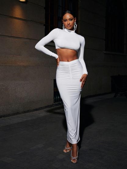 Imani Long Sleeve Ruched Skirt Set-Mix MIx Style
