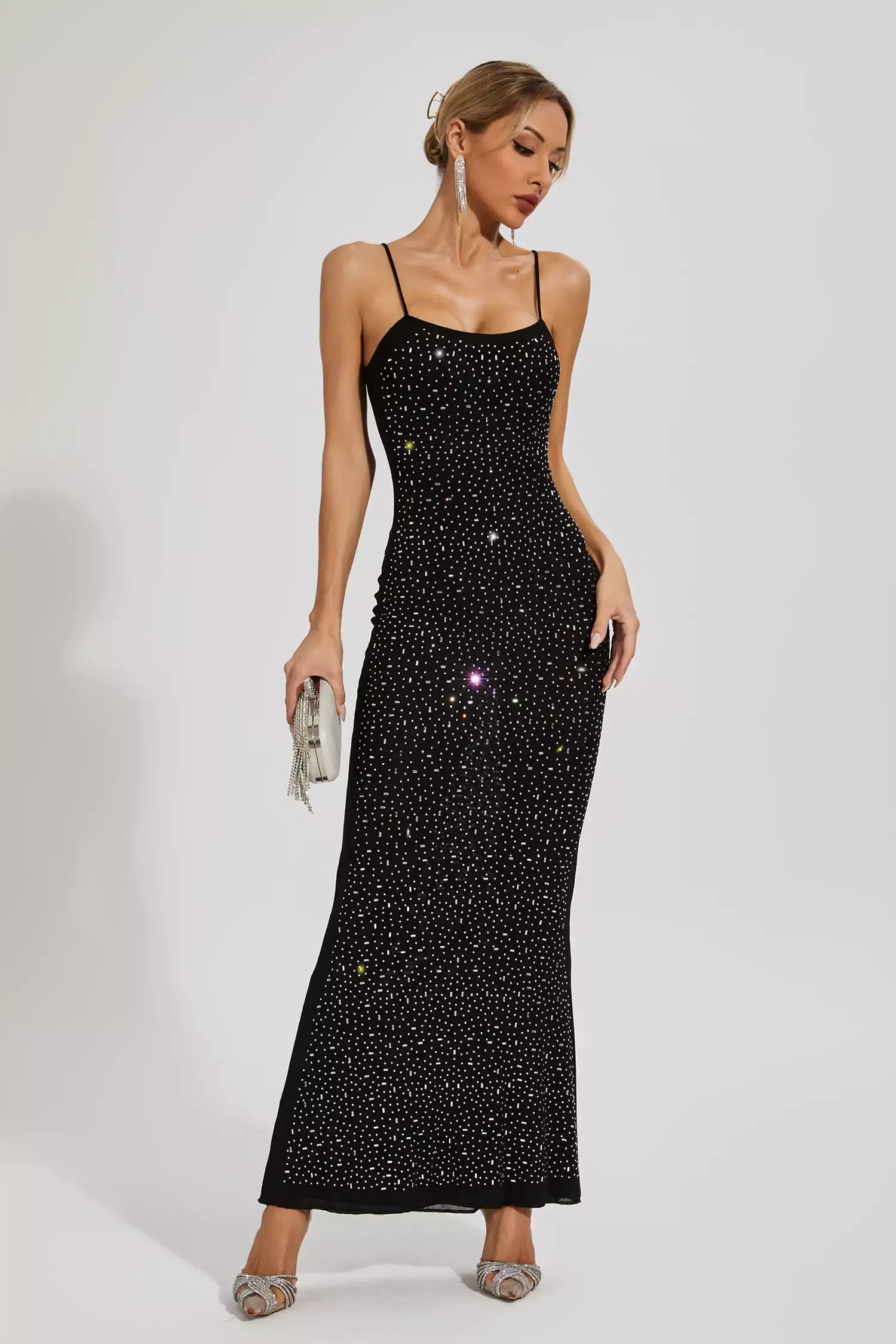 Black Strappy Backless Embellished Diamonds Mesh Party Cocktail Maxi Dress | Mix Mix Style