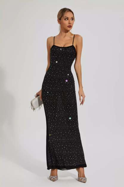 Black Strappy Backless Embellished Diamonds Mesh Party Cocktail Maxi Dress | Mix Mix Style