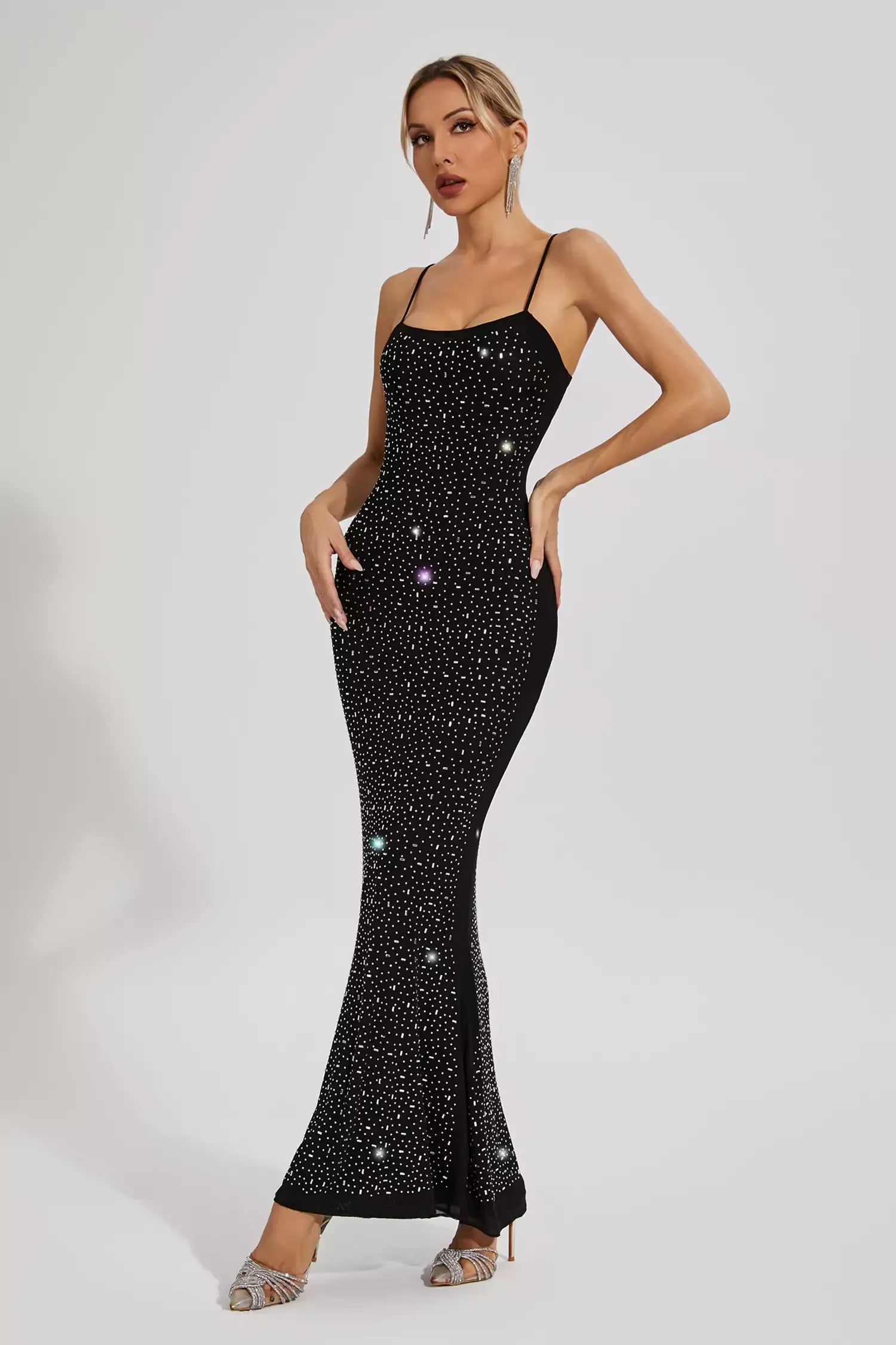 Black Strappy Backless Embellished Diamonds Mesh Party Cocktail Maxi Dress | Mix Mix Style