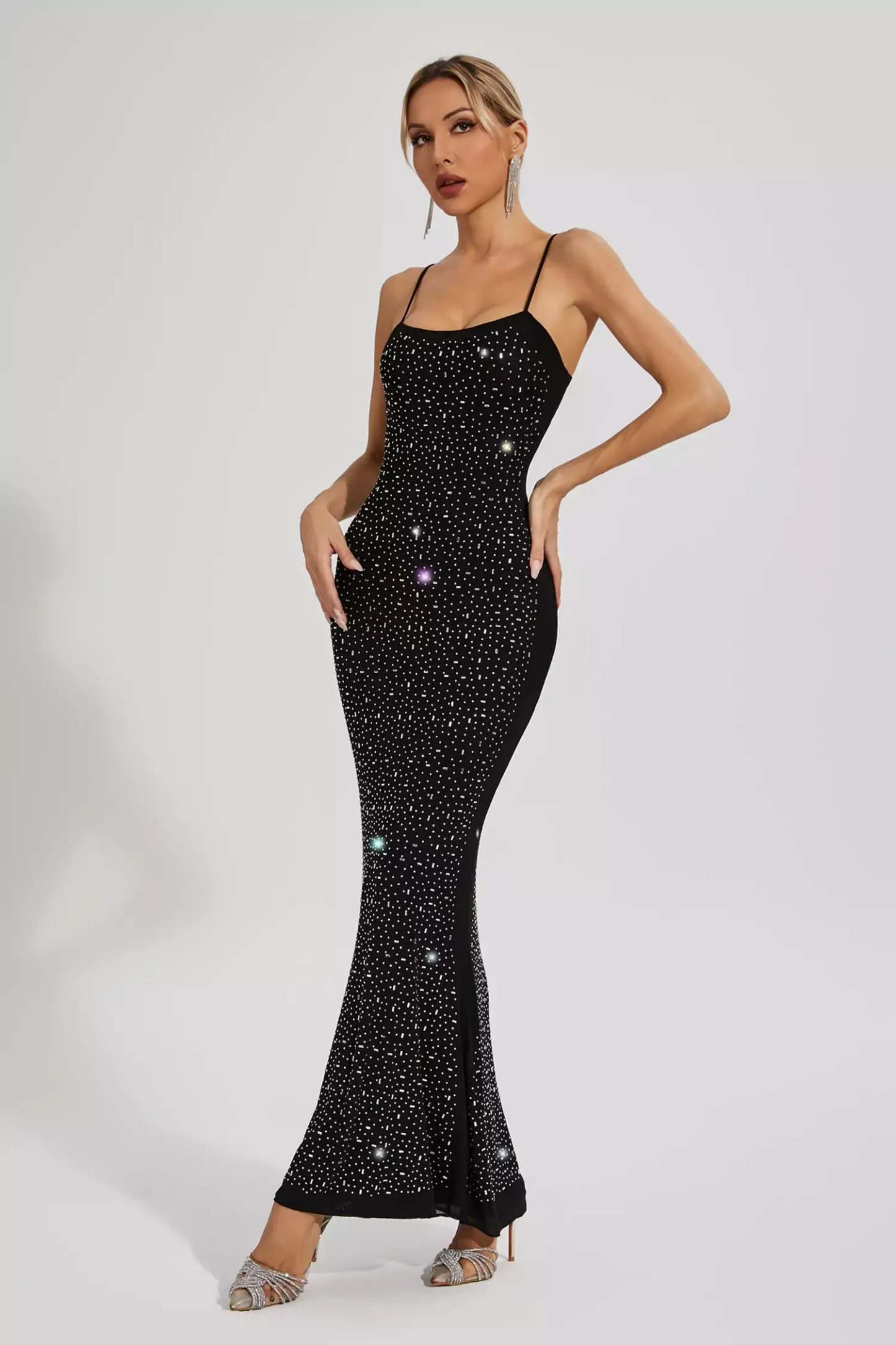 Black Strappy Backless Embellished Diamonds Mesh Party Cocktail Maxi Dress | Mix Mix Style-Mix MIx Style