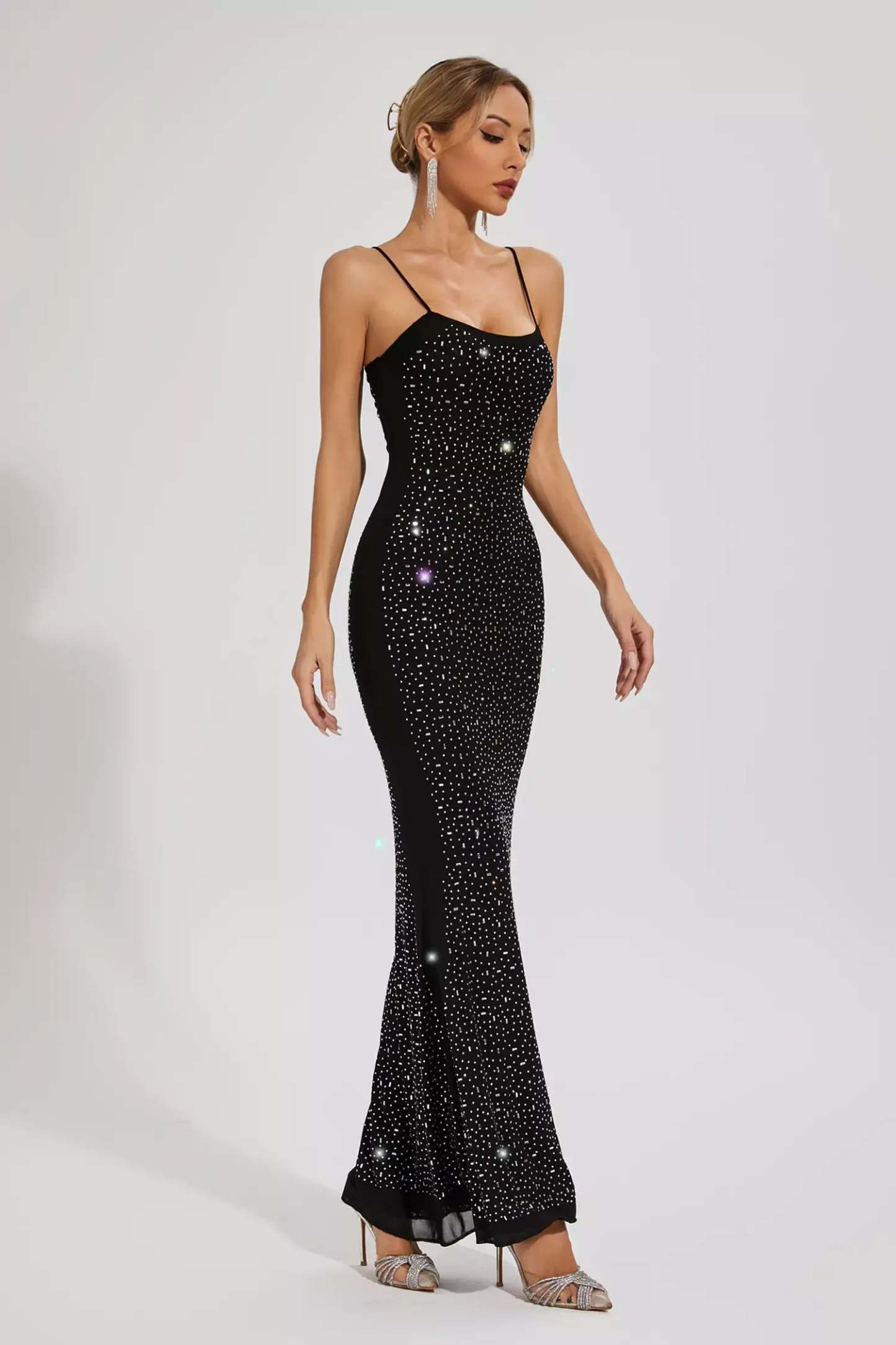 Black Strappy Backless Embellished Diamonds Mesh Party Cocktail Maxi Dress | Mix Mix Style