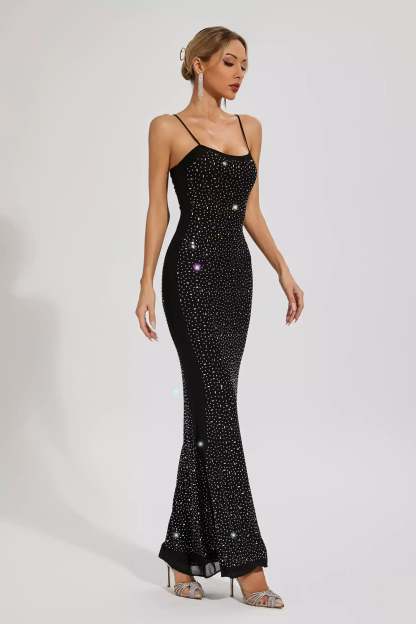 Black Strappy Backless Embellished Diamonds Mesh Party Cocktail Maxi Dress | Mix Mix Style