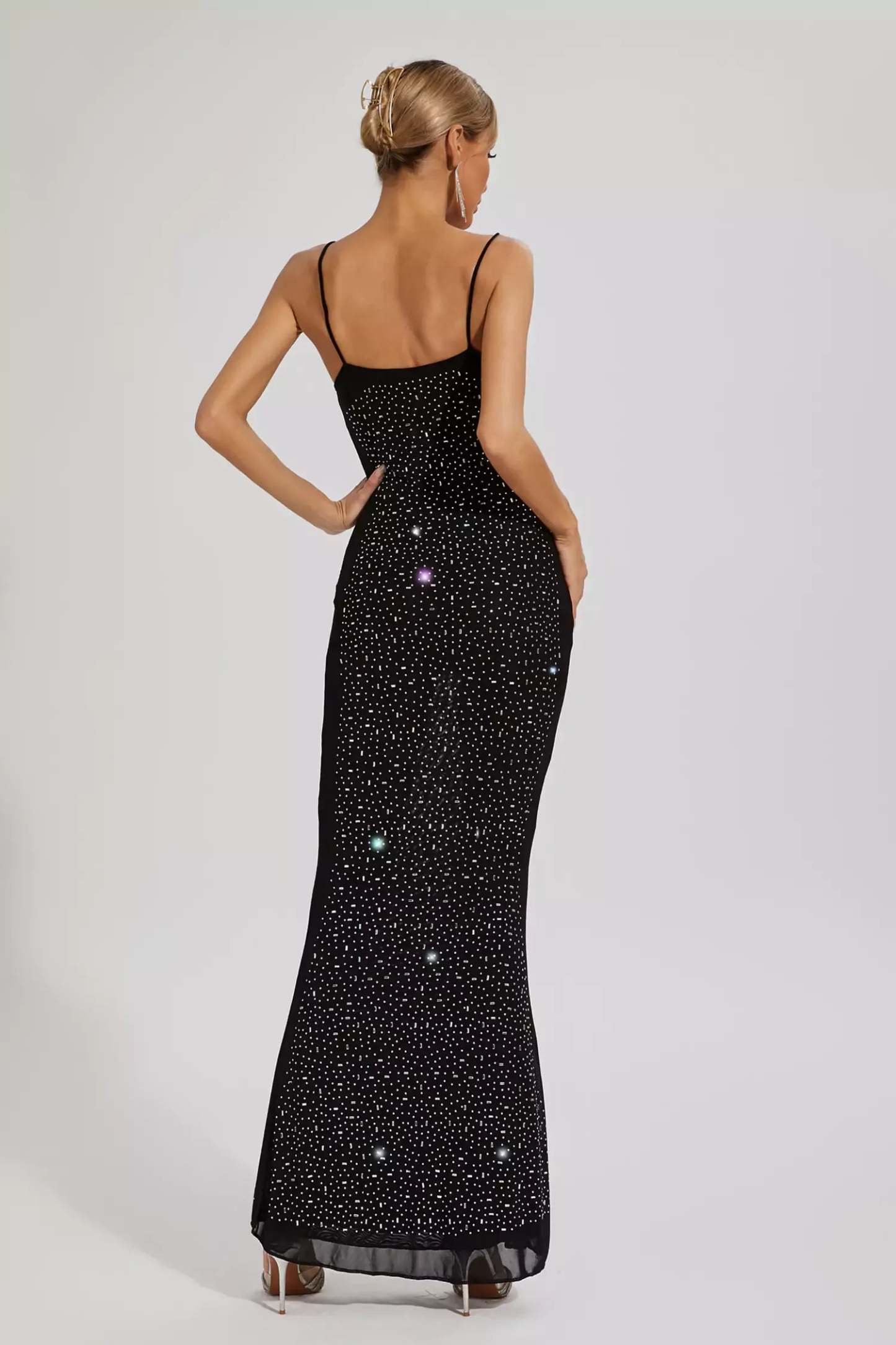 Black Strappy Backless Embellished Diamonds Mesh Party Cocktail Maxi Dress | Mix Mix Style