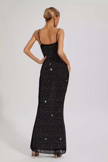 Black Strappy Backless Embellished Diamonds Mesh Party Cocktail Maxi Dress | Mix Mix Style