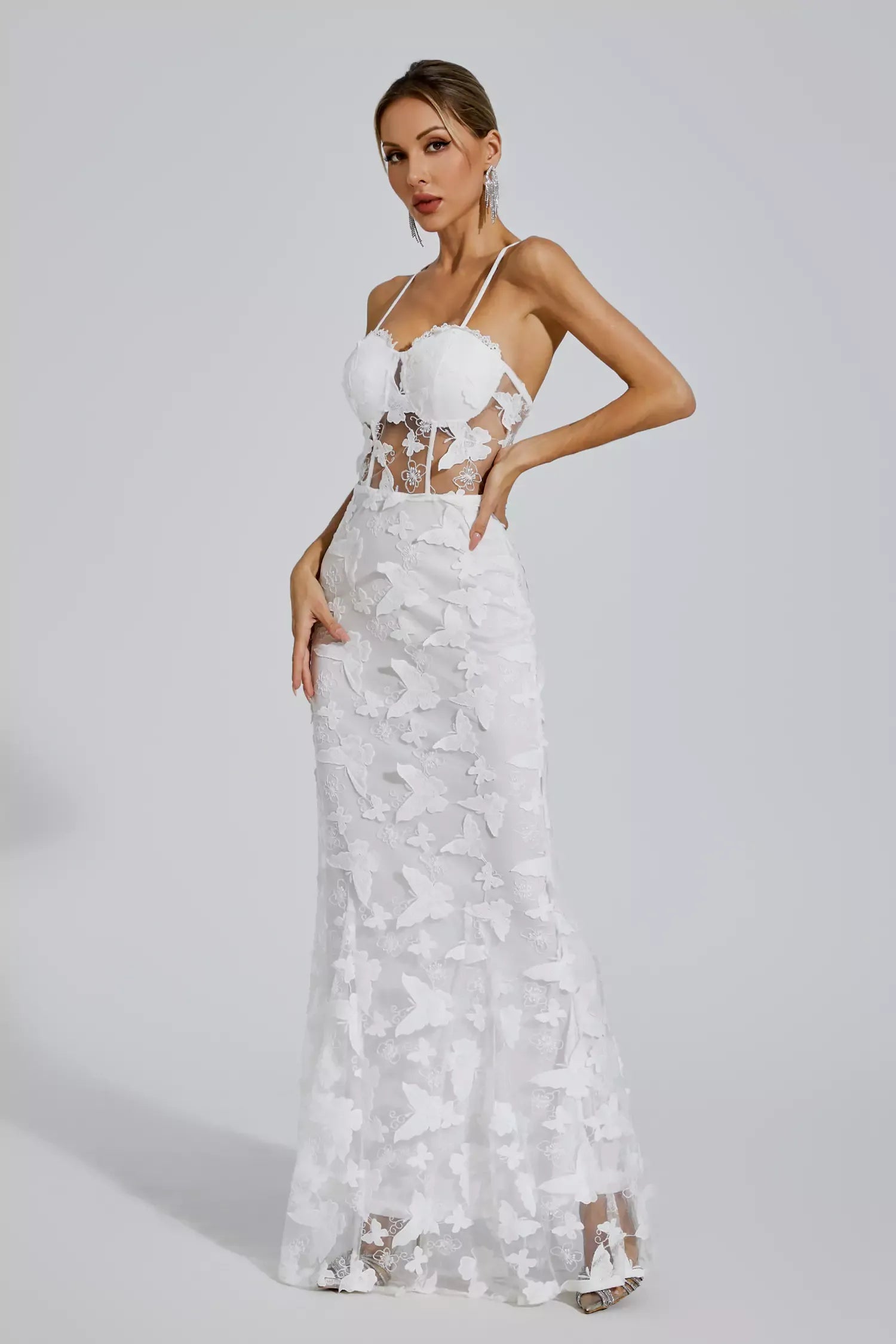 White Strappy Embroidery 3D Butterflies a-line Slip Summer Party Maxi Dress | Mix Mix Style