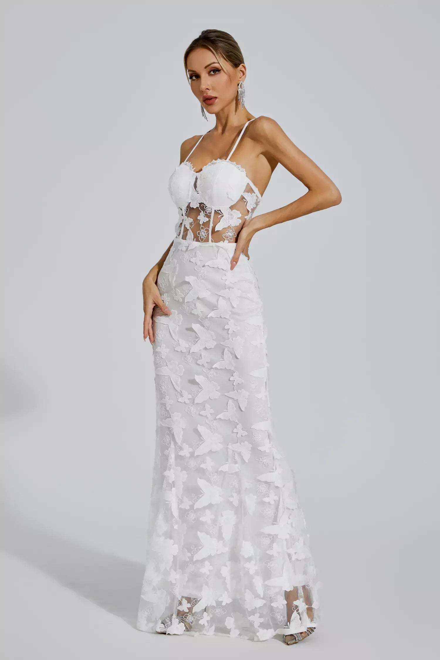 White Strappy Embroidery 3D Butterflies a-line Slip Summer Party Maxi Dress | Mix Mix Style-Mix MIx Style