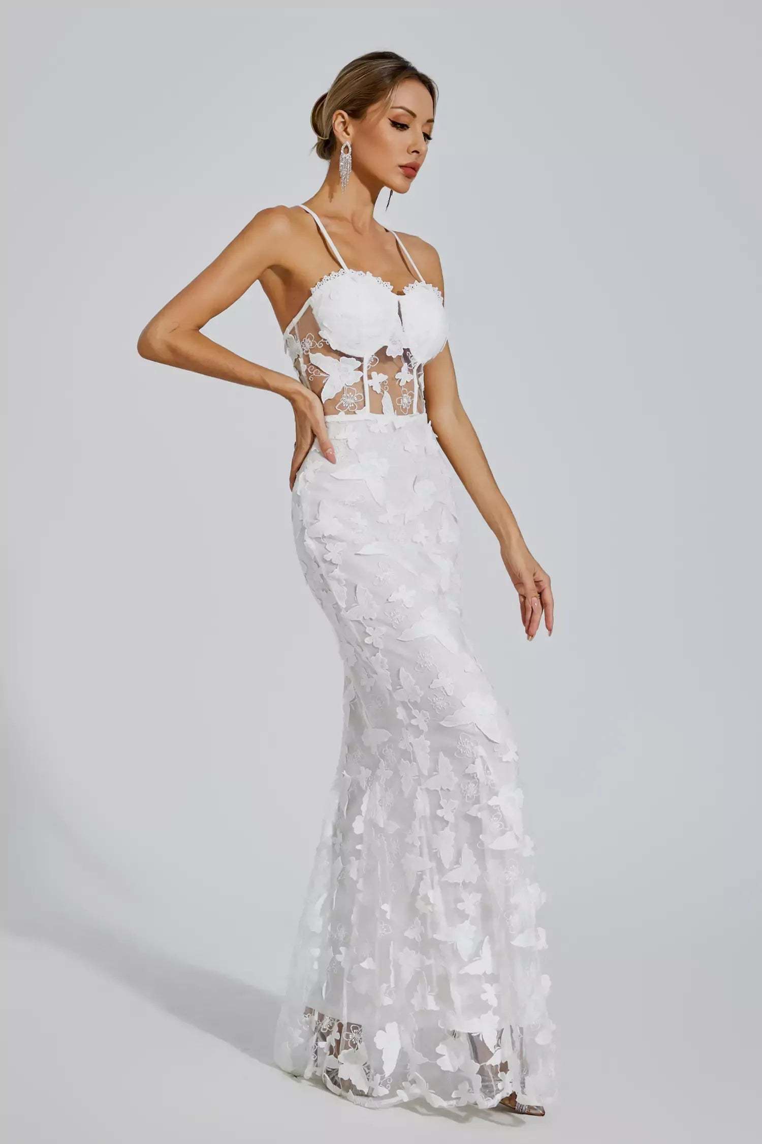 White Strappy Embroidery 3D Butterflies a-line Slip Summer Party Maxi Dress | Mix Mix Style