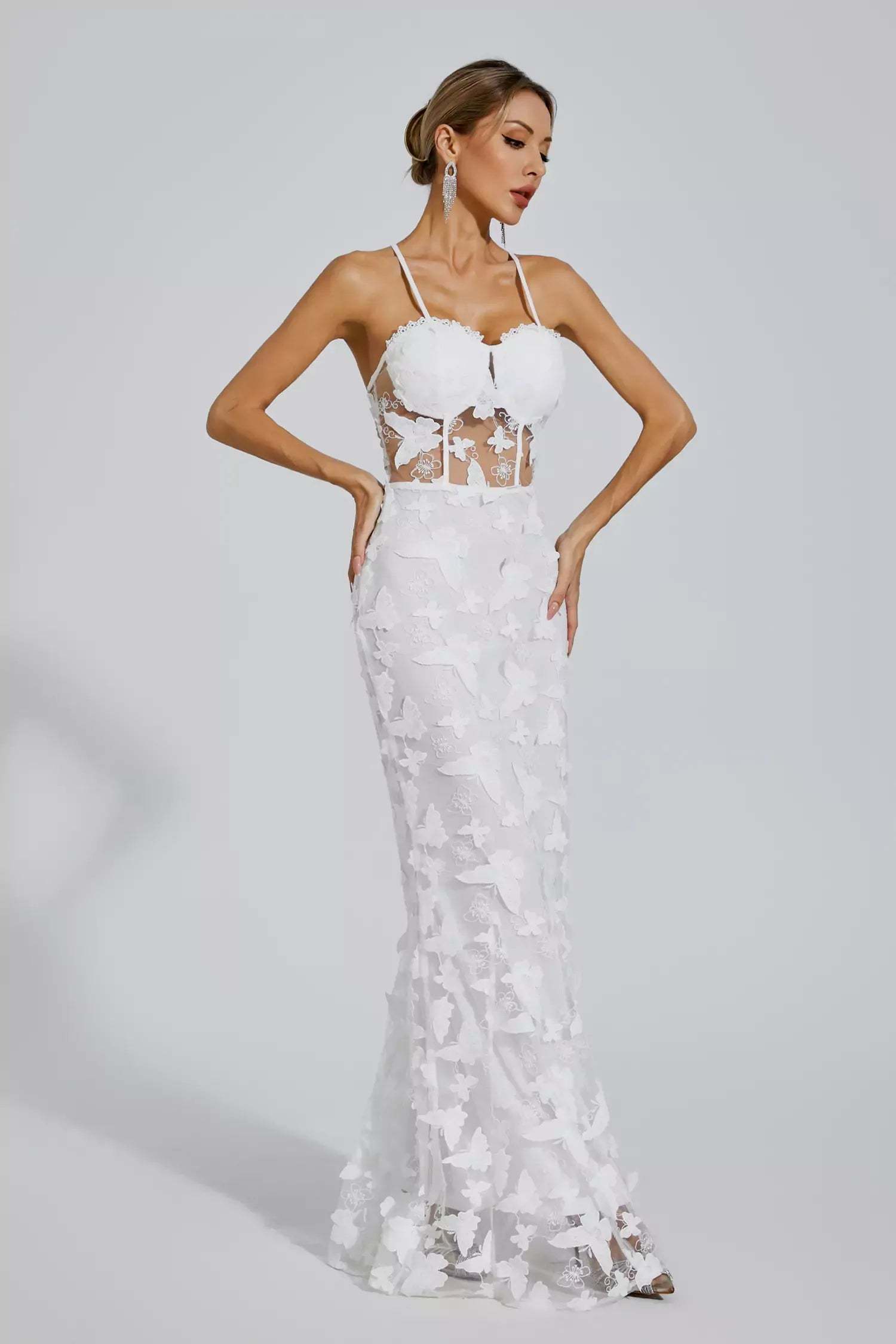 White Strappy Embroidery 3D Butterflies a-line Slip Summer Party Maxi Dress | Mix Mix Style