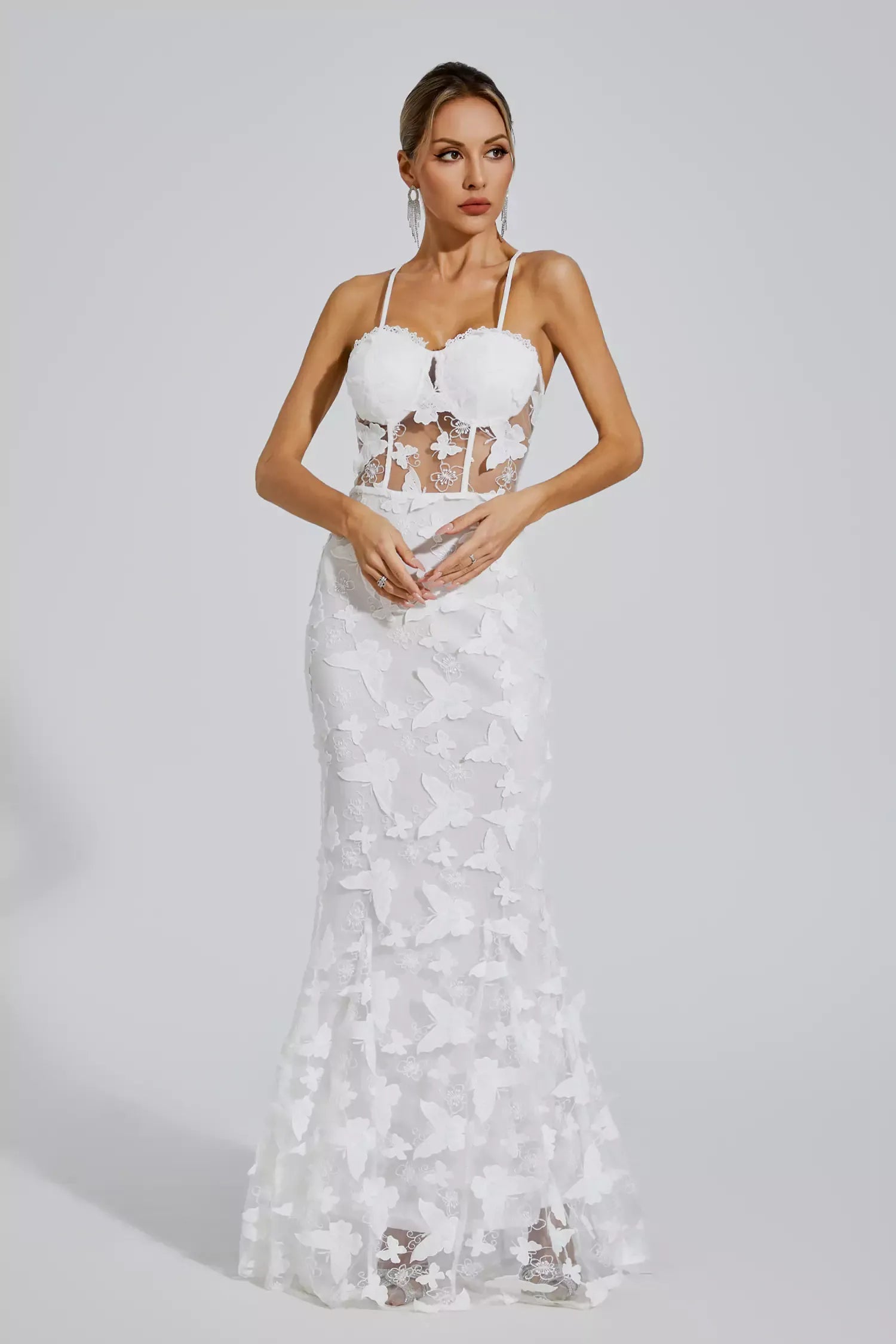 White Strappy Embroidery 3D Butterflies a-line Slip Summer Party Maxi Dress | Mix Mix Style