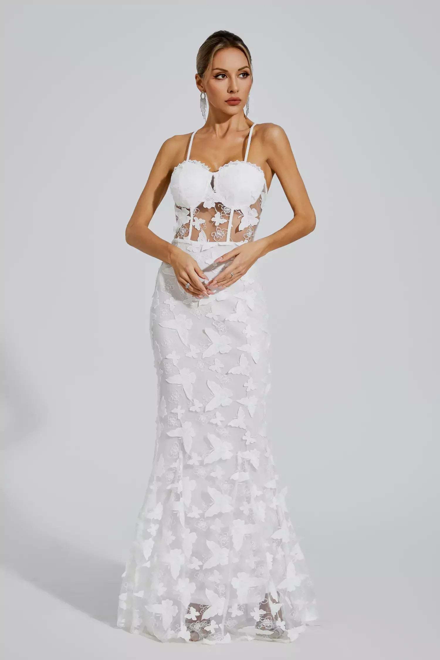 White Strappy Embroidery 3D Butterflies a-line Slip Summer Party Maxi Dress | Mix Mix Style