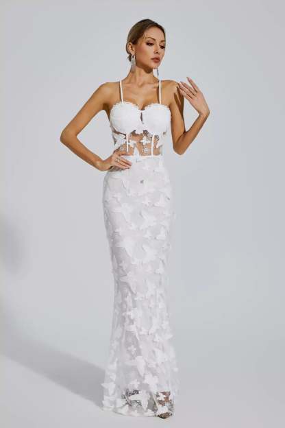 White Strappy Embroidery 3D Butterflies a-line Slip Summer Party Maxi Dress | Mix Mix Style