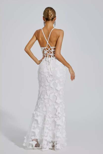 White Strappy Embroidery 3D Butterflies a-line Slip Summer Party Maxi Dress | Mix Mix Style
