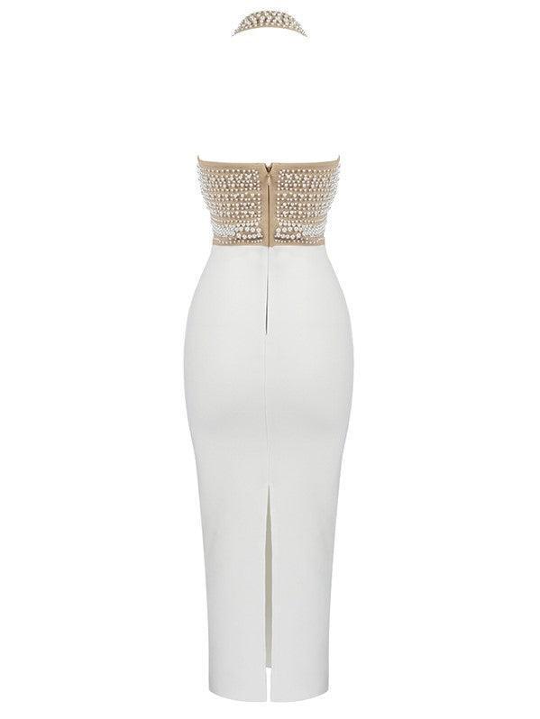 Isabella Halterneck Pearls Bandage Dress In Beige-Mix MIx Style