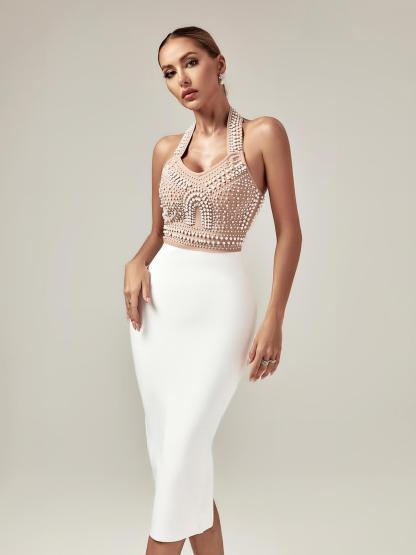 Isabella Halterneck Pearls Bandage Dress In Beige-Mix MIx Style