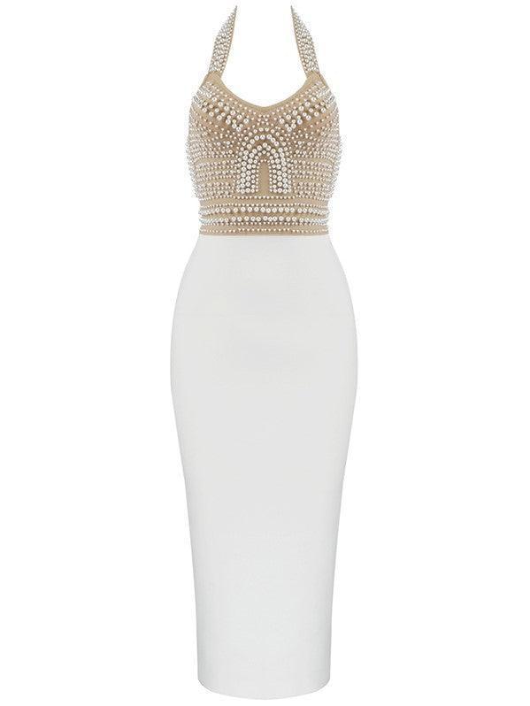 Isabella Halterneck Pearls Bandage Dress In Beige-Mix MIx Style