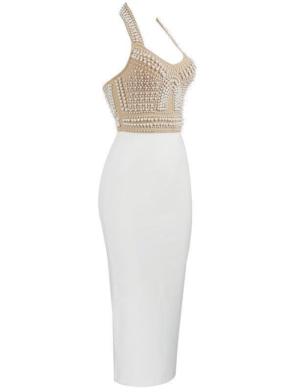 Isabella Halterneck Pearls Bandage Dress In Beige-Mix MIx Style