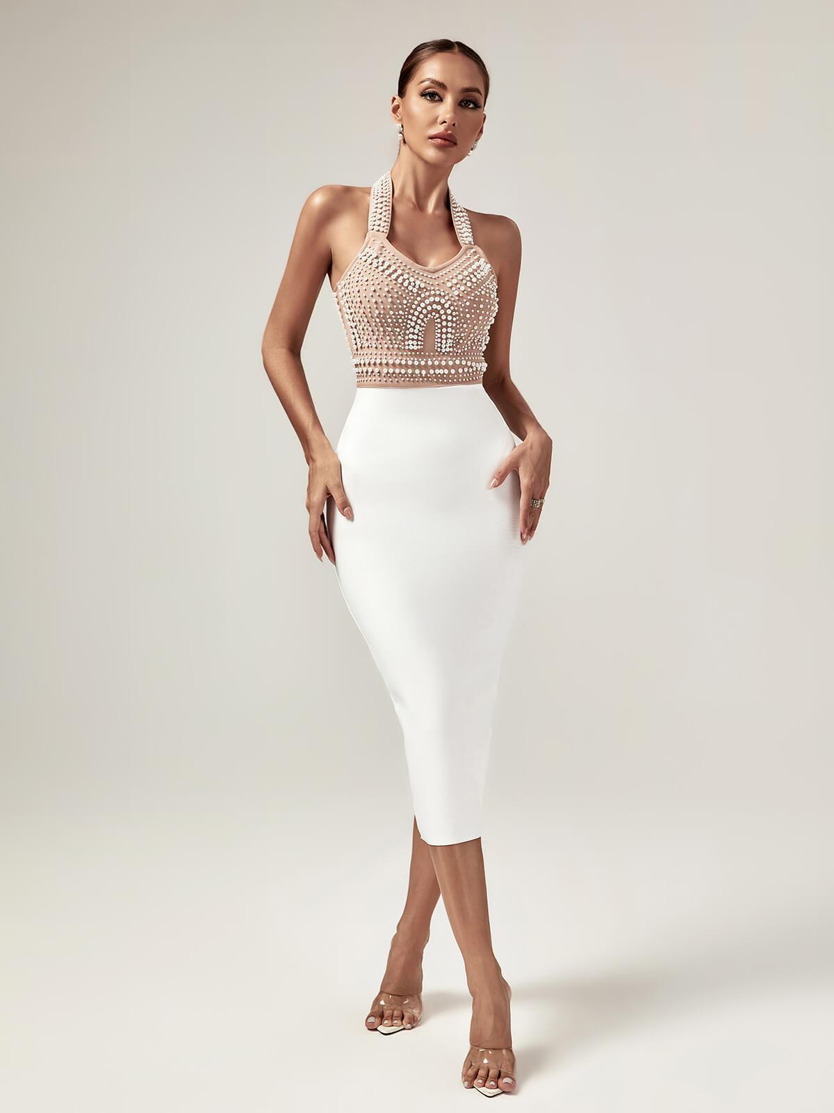 Isabella Halterneck Pearls Bandage Dress In Beige-Mix MIx Style