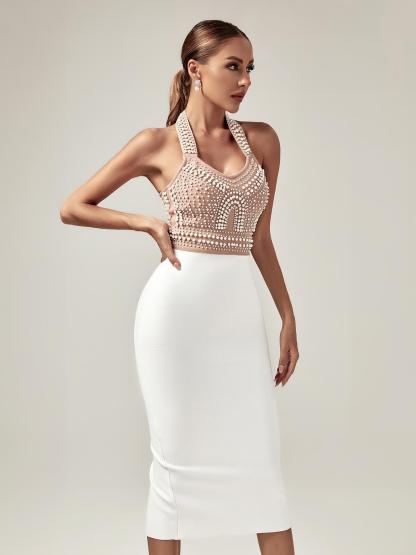 Isabella Halterneck Pearls Bandage Dress In Beige-Mix MIx Style