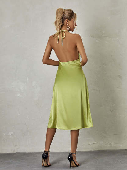 Green Halterneck Satin Midi Dress | Mix Mix Style [Hot Seller]-Mix MIx Style
