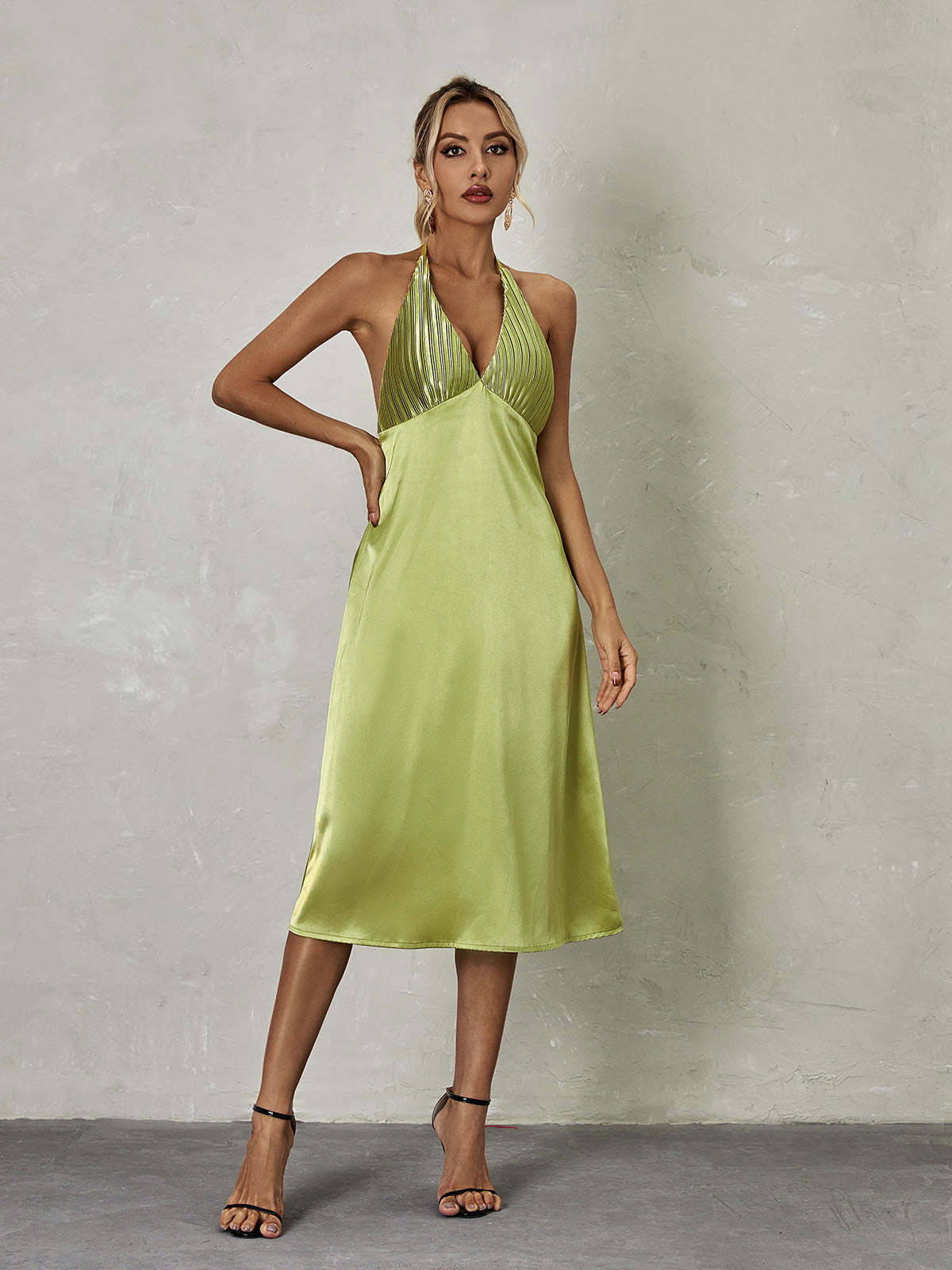 Green Halterneck Satin Midi Dress | Mix Mix Style [Hot Seller]-Mix MIx Style
