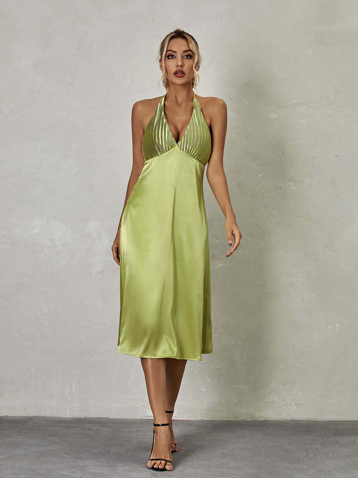 Green Halterneck Satin Midi Dress | Mix Mix Style [Hot Seller]-Mix MIx Style