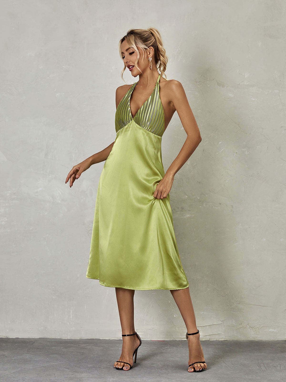 Green Halterneck Satin Midi Dress | Mix Mix Style [Hot Seller]-Mix MIx Style