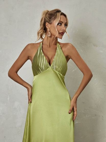 Green Halterneck Satin Midi Dress | Mix Mix Style [Hot Seller]-Mix MIx Style