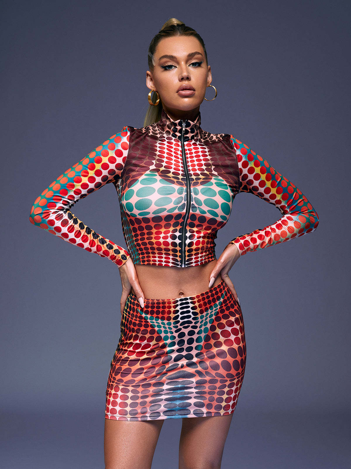 Multicolor Long Sleeve Dot & Mini Skirt Set | Mix Mix Style [Hot Seller]-Mix MIx Style