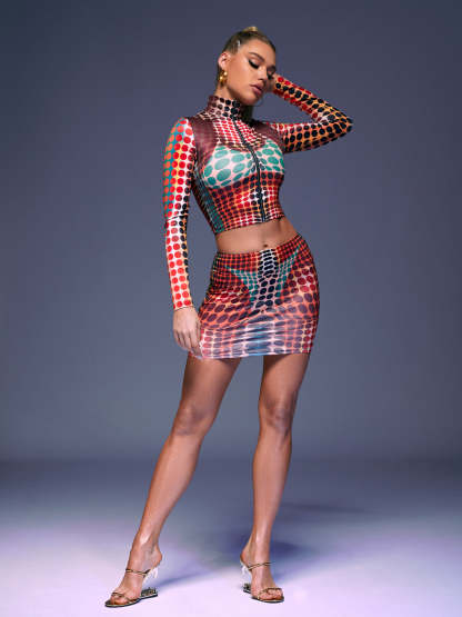 Multicolor Long Sleeve Dot & Mini Skirt Set | Mix Mix Style [Hot Seller]-Mix MIx Style