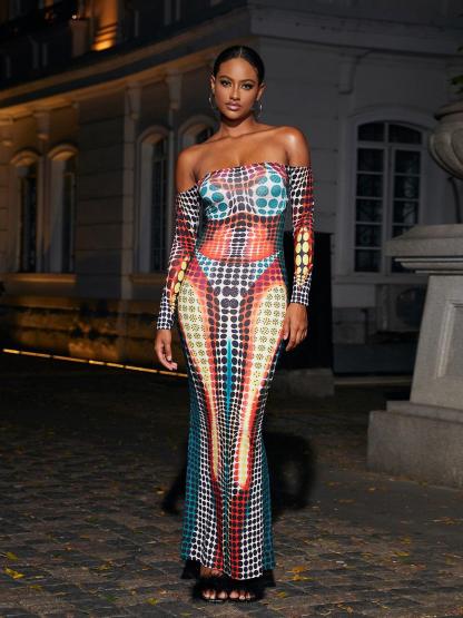 Multicolor Off Shoulder Maxi Dress | Mix Mix Style [Hot Seller]-Mix MIx Style