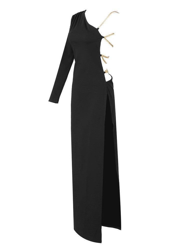 Black One Shoulder Backless Slit Maxi Dress | Mix Mix Style [Hot Seller]-Mix MIx Style