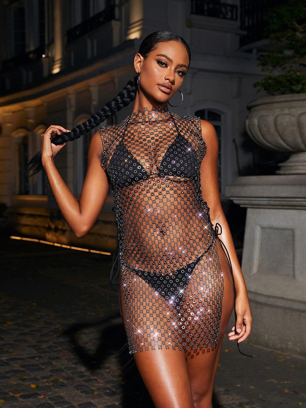 See-Through Hollow Rhinestone Split Mini Dress Cover Up | Mix Mix Style [Hot Seller]-Mix MIx Style