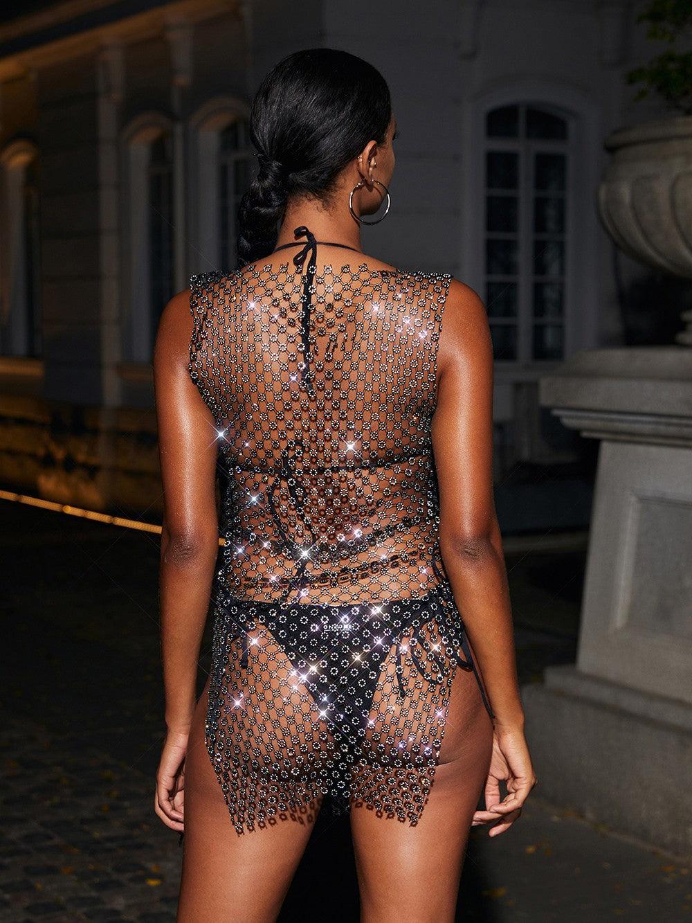 See-Through Hollow Rhinestone Split Mini Dress Cover Up | Mix Mix Style [Hot Seller]-Mix MIx Style