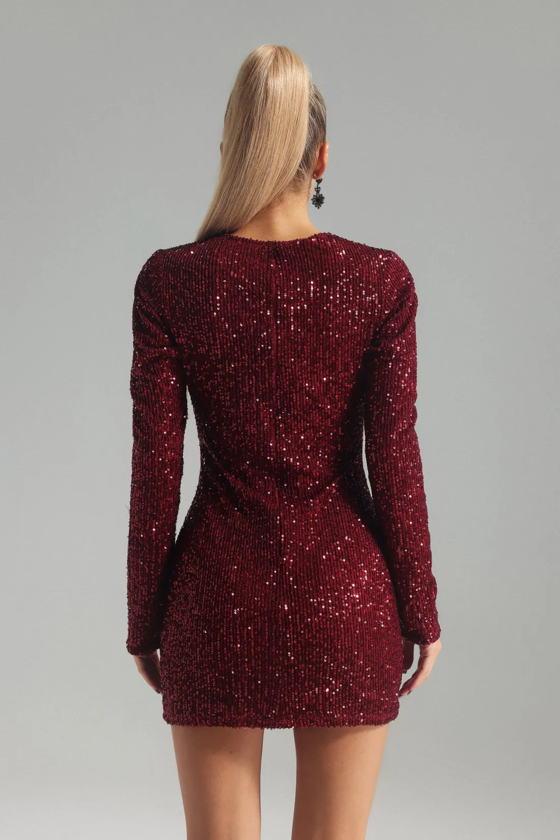 Red Cutout Sparkling Diamonate Long Sleeve Sequins Party Cocktail Mini Dress | Mix Mix Style