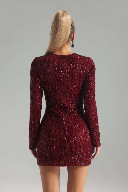 Red Cutout Sparkling Diamonate Long Sleeve Sequins Party Cocktail Mini Dress | Mix Mix Style