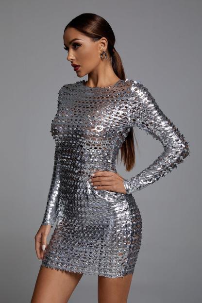 Long Sleeve Cutout Mini Bodycon Dress in Silver | Mix Mix Style [Hot Seller]-Mix MIx Style