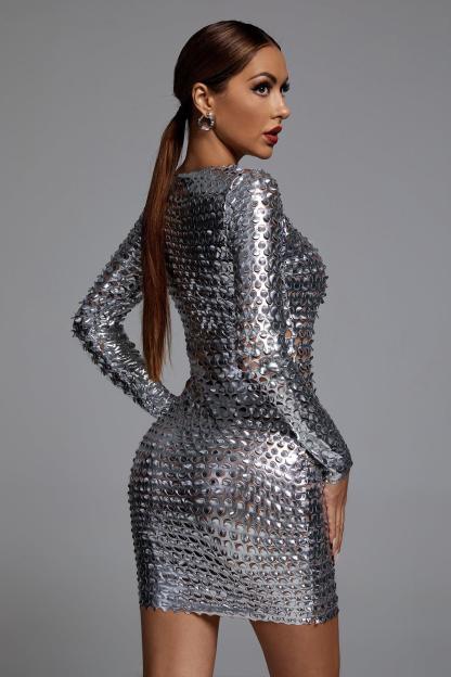 Long Sleeve Cutout Mini Bodycon Dress in Silver | Mix Mix Style [Hot Seller]-Mix MIx Style
