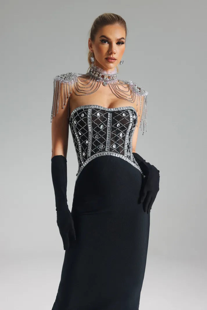 Black Strapless Diamond Embellished Diamonate Back Slit Bandage Party Maxi Dress | Mix Mix Style