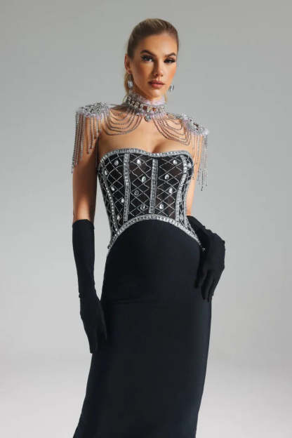 Black Strapless Diamond Embellished Diamonate Back Slit Bandage Party Maxi Dress | Mix Mix Style