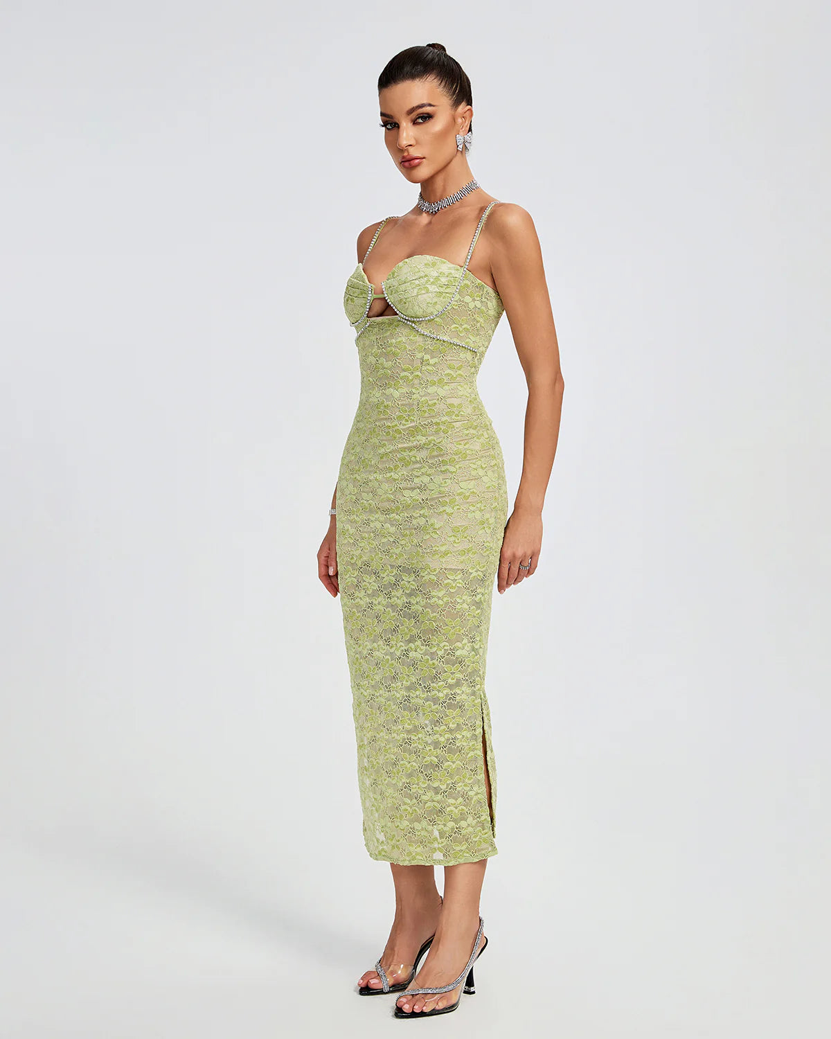 Green Strappy Floral Crystal Chain Bustier Embroidery Lace Summer PartyMidi Dress | Mix Mix Style