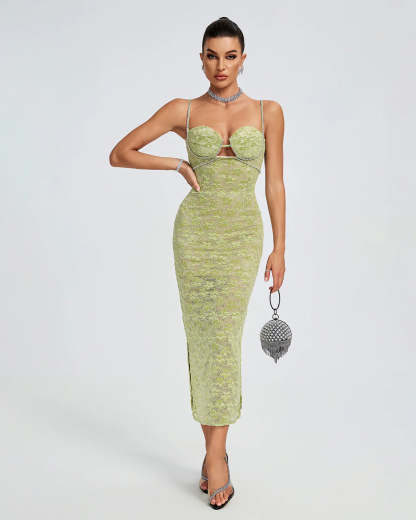 Green Strappy Floral Crystal Chain Bustier Embroidery Lace Summer PartyMidi Dress | Mix Mix Style