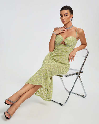 Green Strappy Floral Crystal Chain Bustier Embroidery Lace Summer PartyMidi Dress | Mix Mix Style