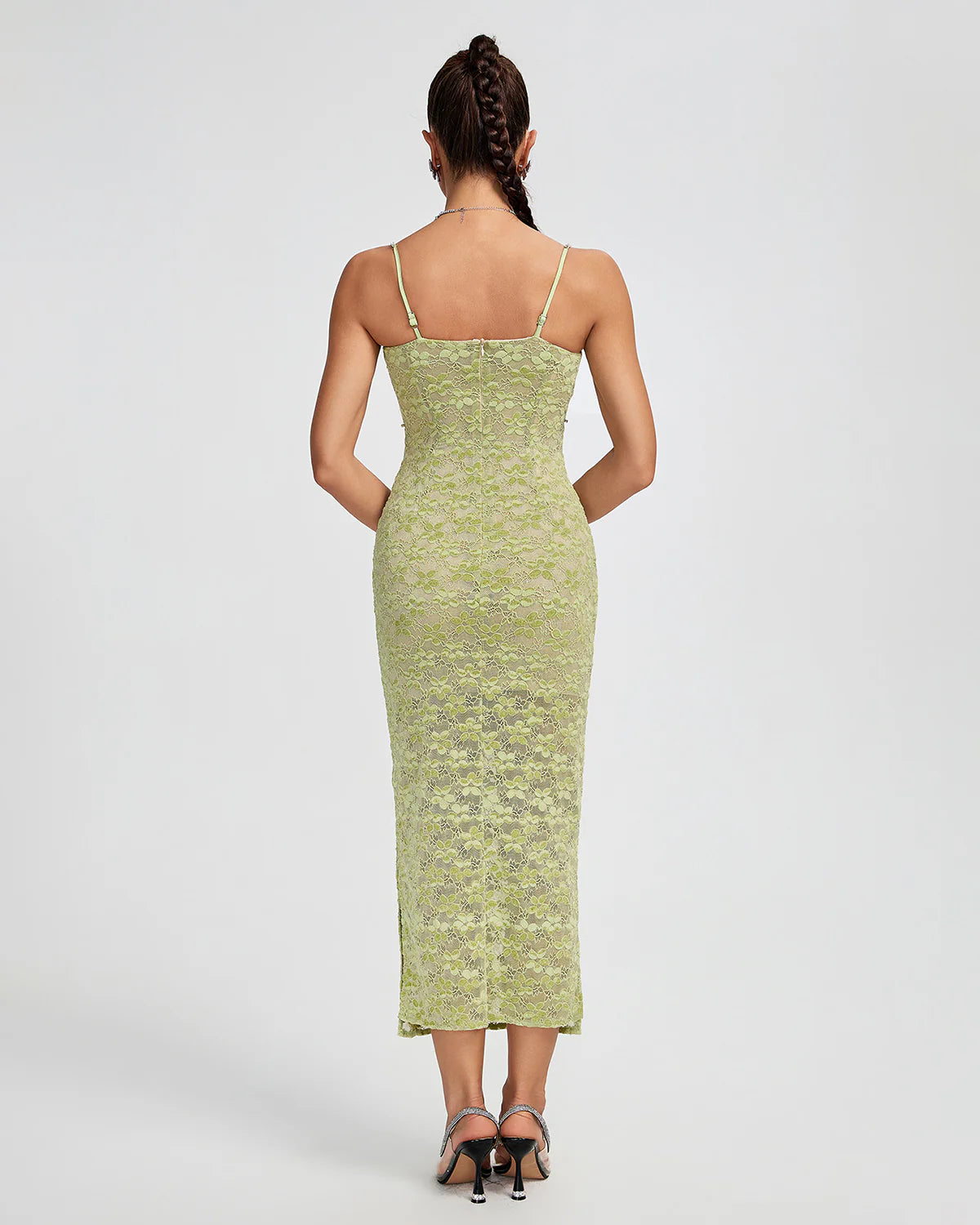 Green Strappy Floral Crystal Chain Bustier Embroidery Lace Summer PartyMidi Dress | Mix Mix Style